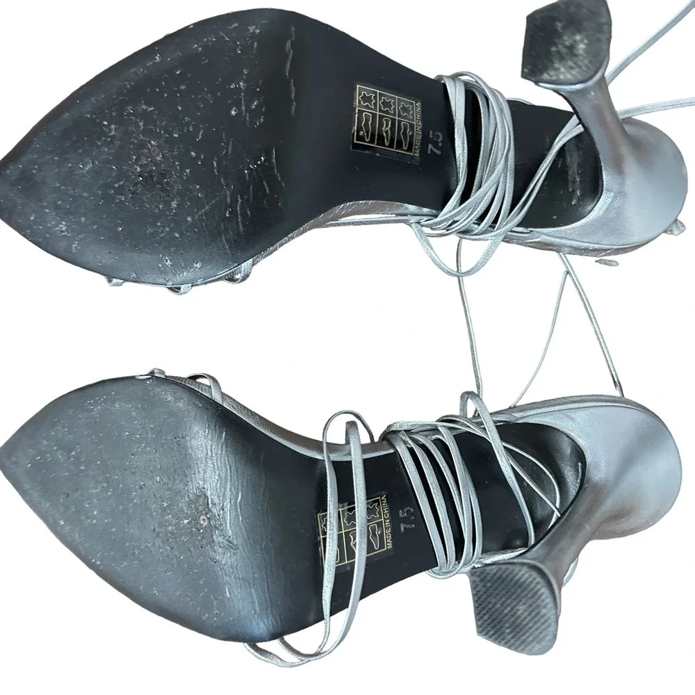 Camila Coelho Metallic Silver Wrap Sandal SIZE 9 Stiletto Heel Gladiator Party
